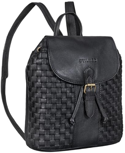 STILORD 'Camilla' Kleiner Lederrucksack Damen Echtleder im Boho-Look elegant - Daypack Vintage Kleine Rucksack Handtasche Backpack aus Echtem Leder geflochten, Farbe:schwarz