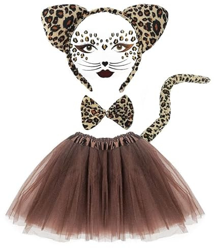 EUPSIIU 5 Stück Leopard Kostüm Set Tierkostüm Kinder inklusive Tutu Rock Leopard Ohren Stirnband, Schwanz, Fliege Leopard Gesicht Kunst Aufkleber, für Halloween Geburtstag Kostüm Party (Braun)