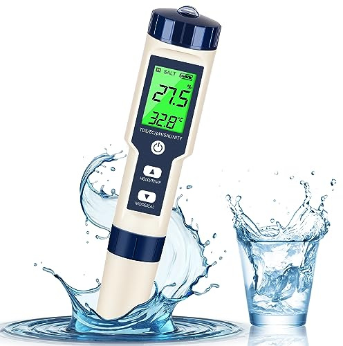 PH Meter & TDS Meter Digital Water Tester 5 in 1 Salinity Tester PH Temp EC and TDS Meter,PH Meter for Water with LCD Backlit,Water Testing Kits for Drinking Water,Wine,Swimming Pool,Hot Tub Spas.