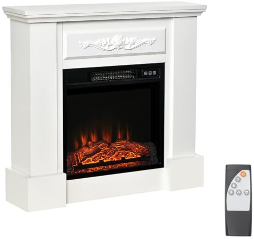 HOMCOM Chimenea Eléctrica 1800W Chimenea Decorativa con Marco Efecto de Llama Mando a Distancia Temporizador Protección contra Sobrecalentamiento para Sala 30 m² Blanco