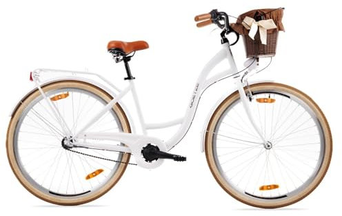 Goetze Style 28 Zoll Damen Citybike, 18 Zoll Tiefeinsteiger, 3-Gang Nabenschaltung, Rücktrittbremse und V-Bremse, LED-Beleuchtung, Rattankorb, Komfortsattel, mit Seitenständer & Klingel