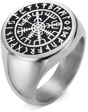 Amaxer Vikingo Brújula Vegivisir Signet Anillo para Hombres Vintage Rúnico Nórdico Símbolo Nórdico Talismán Amuleto Acero Inoxidable Punk Declaración Anillo