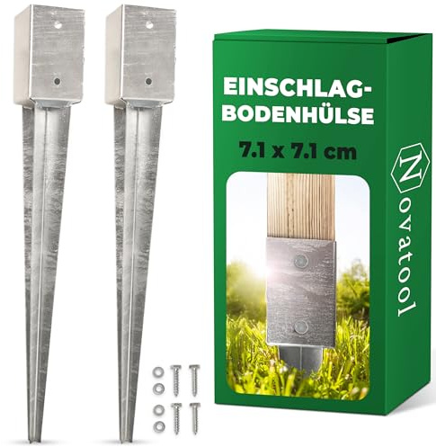 Novatool Set di 2 manicotti da terra 71 x 71 x 750 mm, manicotto per ombrellone, pali in legno, boccole di ancoraggio, picchetto da inserire, zincato, con viti