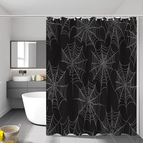 MULERN Rideau de Douche Toile D'Araignée Noir Gris, Rideau de Bain Tissu Polyester, Imperméable Lavable Art Vectoriel Rideaux Salle de Bain 180 x 200 cm avec 12 Crochets pour Baignoire