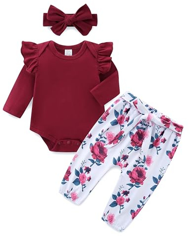 KIDDLETOWN 3Pcs Baby Girl Clothes Outfit Set Girls Long Sleeve Romper Top and Rose Printed Pant and Headband Newborn Clothing Ruffle Bodysuit Infant Girl Spring Fall Outfits Baby Grows 3-6 Months