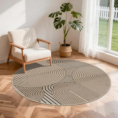 VSIWB Teppich rund 120 cm, Leichter Jute Aussehen Teppich, Rutschfest Wohnzimmerteppich, Outdoor Teppich Waschbarer, Minimalistisch Boho Teppich Braun für Schlafzimmer, Wohnzimmer und Balkon