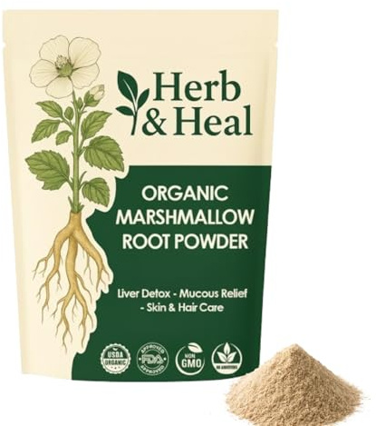 Herb & Heal Organic Marshmallow Root Powder | Althaea Officinalis Herb | Dried Marshmellow Root for Tea, Hair & Skin, DIY Remedies, Digestive & Liver Support | Non-GMO, Vegan (8 Ounce)