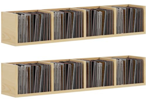 HOMCOM Wall Mount 84 CD / 56 DVD/Blu-ray/Media Storage Rack Set of 2 | 4 Cubes, Wooden Shelf Organiser Unit, Bookcase Display, Natural Wood Finish
