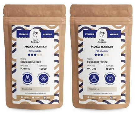 Café Bonnac – Lot de 2 × 1 kg |Café En Grain Éthiopie Harrar | 100% Arabica Naturel | Torréfaction Artisanale Française | Notes De Fruits Rouges, Moka Et Épices | Idéal Machine À Café Grain Et Filtre
