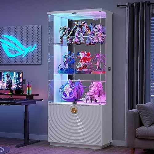 Gurexl 70.9” Display Cabinets with Lockable Glass Doors,Modern Storage Cabinet with Dazzling Lights and Adjustable Shelves,Tall Glass Wine Cabinet with Human Sensor for Living Room,Curio,Bar,White