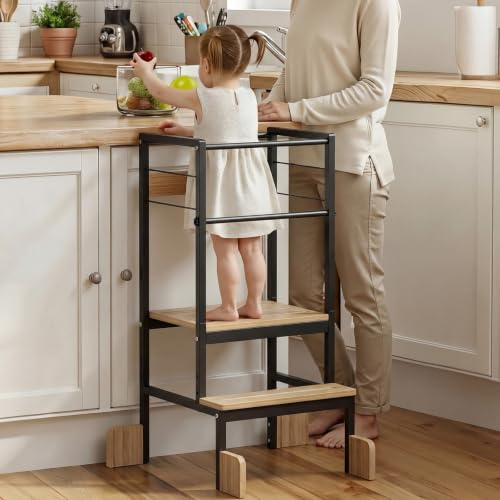 COSYLAND Torre de Aprendizaje Ajustable en 3 Alturas para Niños | Estructura de acero reforzado con cuatro patas de apoyo y barandilla trasera; peldaños antideslizantes para cocina y baño