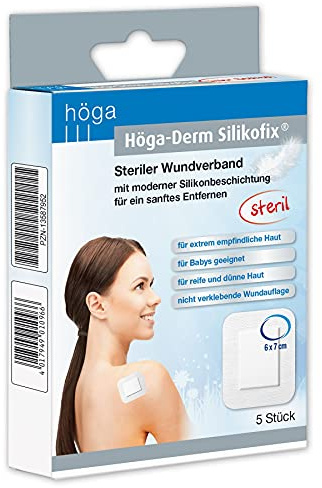 Höga Derm silikofix 6 cm x 7 cm, sterilt lindband (plåster) med modern silikonbeläggning för mjuk borttagning, 5 stycken