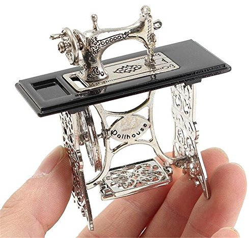 EatingBiting 1/12 1:12 Scale mini House Miniatures Furniture Vintage Silver Sewing Machine Table Metal, Sewing Machine Pedal Can Move, Worth to Keep，Landscape