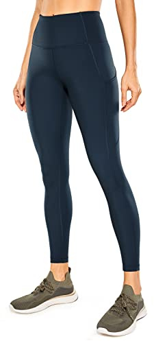 CRZ YOGA Damen Naked Feeling Sport Leggings mit Taschen High Waist Sporthose Gym Blickdicht Yogahose - 64cm Echte Marine - Seitentaschen 36