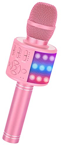 Ankuka - Microfono wireless per karaoke, Bluetooth, dispositivo la casa, regalo bambini, Android e iOS con funzione di registrazione, luci danzanti, suoni magici, rosa