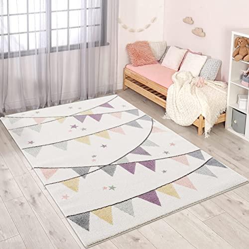 Barnmatta barnrum krämlila – 160 x 230 cm – vimpelmotiv – barnrumsmattor flickor – babyrumsmatta – lekmatta