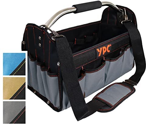 YPC Carrier Werkzeugkorb XL – Tragbare Werkzeugtasche mit stabilem Boden, Wasserfest, Reißfest, Faltbar, Schultergurt mit Polster & Metall-Handgriff, Grau-Schwarz, 40,5x30x19,5cm – 20 kg Tragkraft
