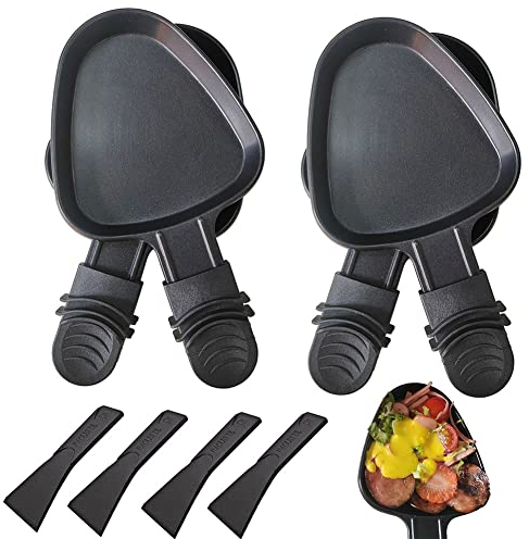 QcuGvy Non-Stick Cast Iron Raclette Pan Set of 4 with 4 Spatula Accessories for Raclette Grill, Black, Triangle