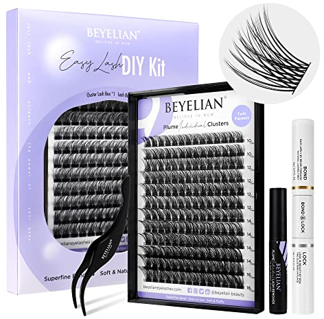 BEYELIAN Pestañas Postizas Cluster Lash Kit, 168 Pcs Lash Clusters, Clusters Eyelash Applicator Tool, Cluster Lashes Bond and Seal Super Hold, Clusters Lash Glue Remover Easy to Apply at Home