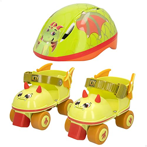 ColorBaby 46990, Pack Patines 4 Ruedas y Casco de Dragón K3YRIDERS Talla 24-30, Patines para niño de Iniciación, Juguetes y Regalos para niño, Verde