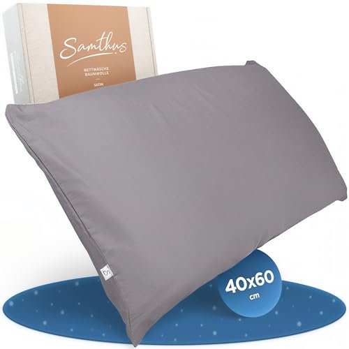 Samthus Kopfkissenbezug 40x60 Baumwolle Satin - Oeko-Tex Made In Green - Himmlisch weicher Schlaf mit atmungsaktivem Kissenbezug - 1x Kissenhülle - Grau - mit YKK Reißverschluss