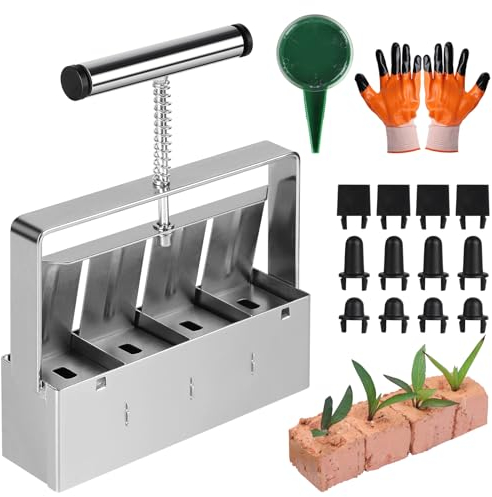 efuturetime Bloqueador de Suelo Manual, para 4 Bloques de Suelo 4.5x5cm, Empacador de Semillas con Sembradora y Guantes, Tapón Bola de Acero, para Plantar Trasplantar