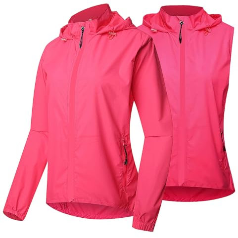 Fractilian Fahrradjacke Damen Wasserdicht Atmungsaktiv mit Kapuze 2 in 1 Windjacke Sommer UV-Schutz Radweste Reflektierend Regenjacke mit Abnehmbaren Ärmeln(Size:4XL-XL,Color:Rosa)