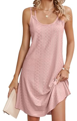 EIRUKON Robe D'été Femme Bretelles Spaghetti Mini Robes de Plage sans Manches Col Rond Oeillet Broderie Élégante,Rose Foncé,L
