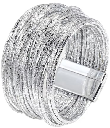 KunBead Silver Sparkly Leather Wrap Bracelets for Women Handmade Braided Boho Multilayer Magnetic Buckle Bracelet Wristband Cuff Bangle