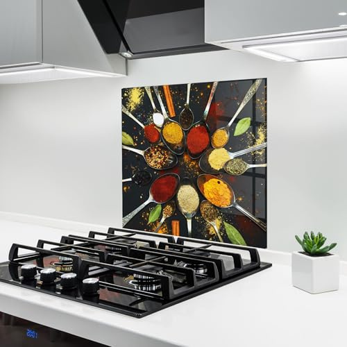 ARTHUB® Crédence de Cuisine en Verre 60x60 cm, Cooking Spoons | Protection Contre Les éclaboussures, Revêtement Mural en Carreaux, Plaque en Verre, Verre trempé, Aliments, Épices