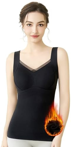 TERODACO Ladies Thermal Vest with Built in Bra V Neck Camisole Tops for Women Warmth Padded Tank Tops Women Running Gym Ski Base Layers,Soft Quick Dry Seamless 8820 Black L