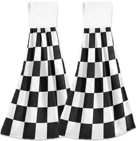 Amooorous Schwarz und Weiß Kariertes Muster Handtuch mit Knopfschlaufe 2er Set Tuch Handtücher für Badezimmer Schwarz und Weiß Geschirrtuch