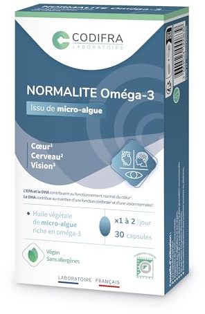 CODIFRA | Normalite Oméga-3 30 Capsules | DHA 250 mg + EPA 50 mg | Huile de Micro-Algue | Cœur, Vision & Cerveau | Vegan