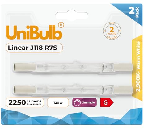 Unibulb Halogen Floodlight Light Bulb R7S J118 118mm Linear 2250 lumens 120W 2900K (Warm White) Dimmable - Pack of 2