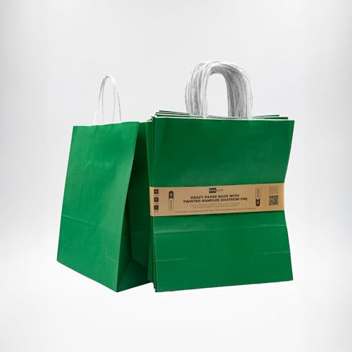 Bicapack - 25 sacs en papier kraft couleurs basiques avec poignées torsadées (24 x 10 x 30 cm) | Papier 100 % recyclé haute résistance (80 g/m²) | Écologiques et polyvalents (vert)
