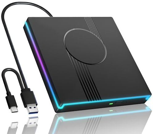Wbacon RGB External CD/DVD Drive for Laptop, External CD Drive USB 3.0 Type-C Portable DVD Player, CD Burner +/-RW Optical Drive, Slim CD ROM External Drive for Laptop Desktop PC Windows Mac (Black)