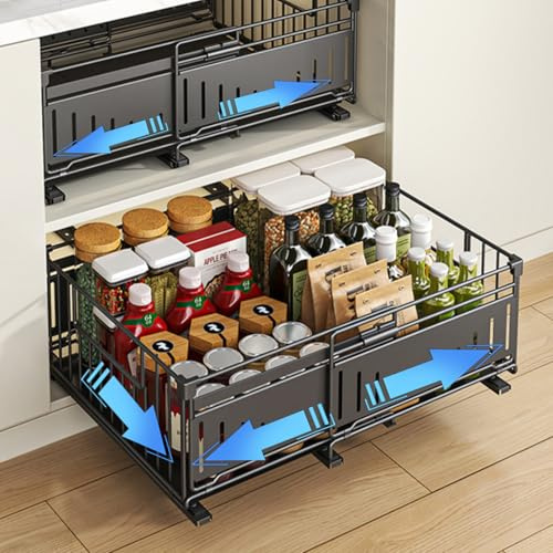 HABITELLO Tiroir Coulissant Extensible Organisateur Tiroir Cuisine Rangement Sous Evier Range-Épices en Métal Gain de Place Maximal, Largeur Réglable 32.5-50 cm (Style A Noir, 2 Pièces)