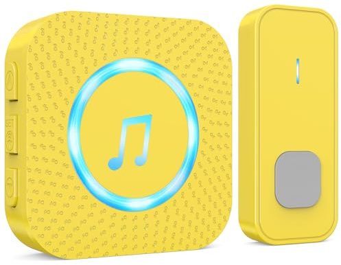 SURFOU Sonnette sans Fil, 400M Sonnette Longue Portée Exterieur Étanche Electronique, Kit de Carillon avec Récepteurs Enfichables pour la Maison, LED Bleu (1 jaune récepteur + 1 jaune émetteur)
