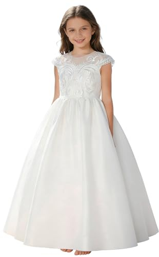 Girls Pageant Princess Satin Flower Girl Dress Embroidery Tulle for Kid Bridesmaid Birthday Party Communion Formal Ball Gown (US, Numeric, 12, Regular, White)