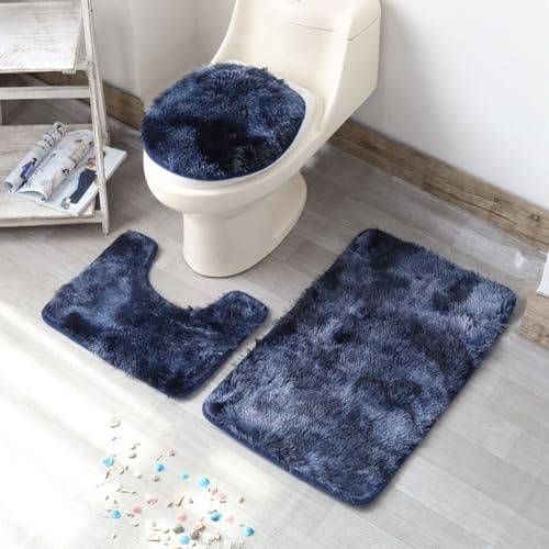 Lot de 3 tapis de salle de bain en chenille avec envers antidérapant comprenant un tapis de bain contour et une housse pour abattant de WC offrant un sol doux et sécurisé (bleu marine)