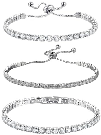 nuneoeuo 3 Pcs Tennis Bracelets for Women, Bracelets for Womens Adjustable Slider Silver Womens Bracelet, Dainty Claw Chain Ladies Bracelet, Silver Jewellery Ladies Jewellery Suitable Women Girls