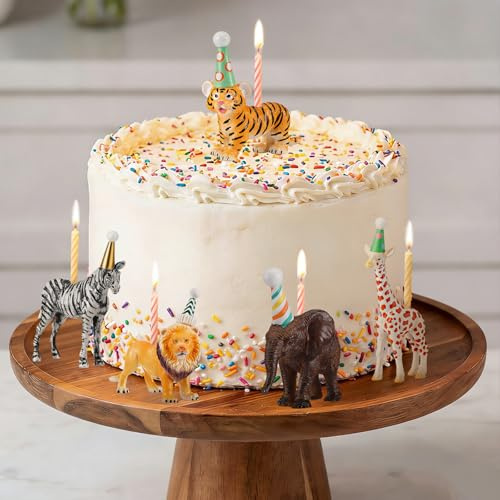 BrightRow 5 Pcs Safari Jungle Animal Cake Topper with Candle Holders Animals Figures Birthday Party Decorations Lion Elephant Giraffe Zebra Tiger Candle Stands for Wild Animals Themed Party Decor