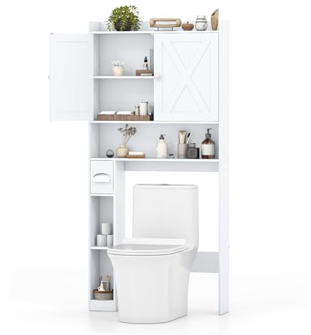 GIANTEX Mueble sobre Inodoro, Armario de Baño con Puertas, Compartimentos Abiertos y Soporte para Papel Higiénico, Estante Inferior Ajustable, 81,5x19,5x172,5cm, Organizador para Lavandería (Blanco)