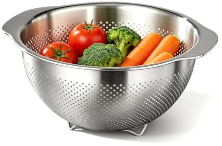 Bordskökssil 25 cm, pastasil med 2 handtag i rostfritt stål, universell sil, mikroperforerad för att dränera och spola köksprodukter, pasta, grönsaker, frukt, ris