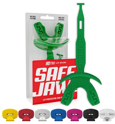 SAFEJAWZ Protector bucal para fútbol, protector labial deportivo con correa integrada, boquilla transpirable para adultos y jóvenes, protector labial para fútbol americano y Lacrosse (Verde)