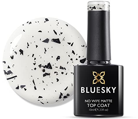 BLUESKY Esmalte de uñas de gel, efecto de cáscara de huevo moteado, capa superior mate, 10 ml, acabado mate, transparente con piezas negras (requiere secado bajo lámpara UV/LED)