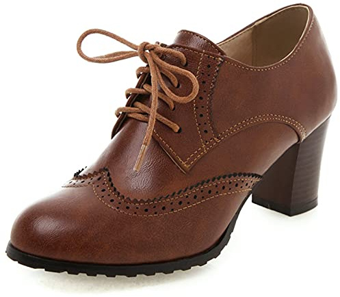 MJIASIAWA Damen Schnüren Closed Toe Leisure Klassischer Brogue Blockabsatz Pumps Buro Business Arbeit Formal Oxford Retro Schuhe Braun Gr 38 EU/39 Asiatisch