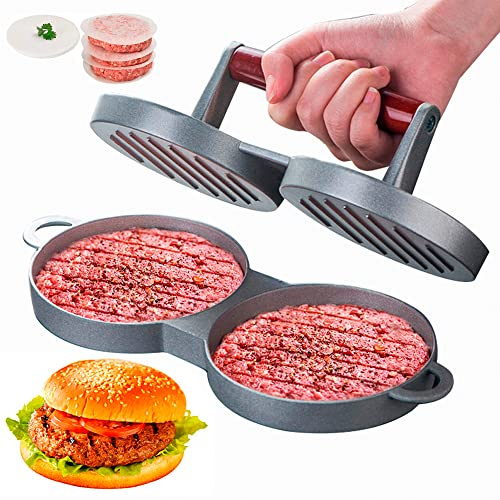 DJ.KEKAO Two at a Time Round Shape Hamburger Press Aluminum Alloy Hamburger Meat Beef Grill Burger Press Food Mold Kichen Tool with 100 Pieces Waxed Papers for Cooking (Two)