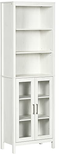 kleankin Armario Alto de Baño con 2 Puertas de Vidrio y 3 Estantes Abiertos Columna Auxiliar de Baño para Salón Aseo Dormitorio Estilo Moderno 53x30x162 cm Blanco