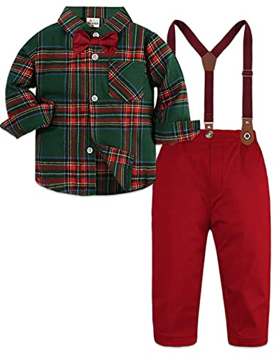 mintgreen Bebis pojke och bröllop, kostym 4 st bebisar, födelsedag, kostym, långa ärmar, solida skjortor, byxor + hängslen, fluga, 1–5 år, Grön, röd, 4-5 år
